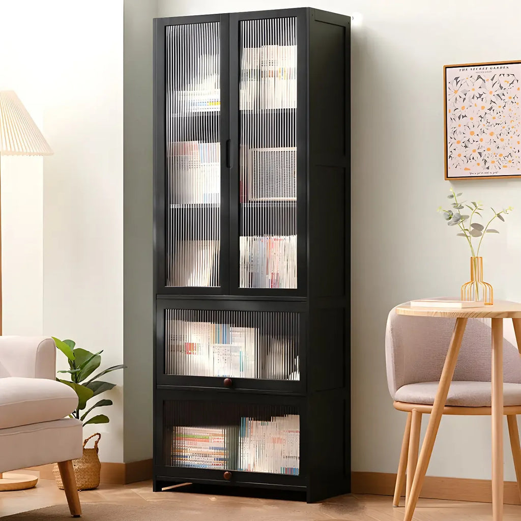 Bibliothèque verticale moderne en bambou noir avec portes en acrylique