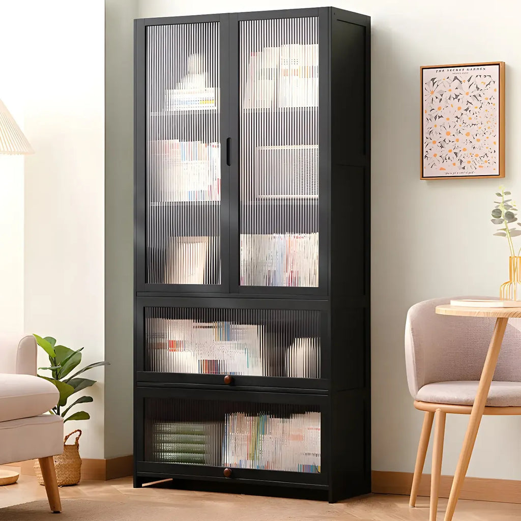 Bibliothèque verticale moderne en bambou noir avec portes en acrylique
