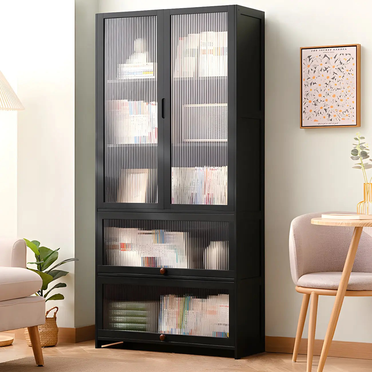 Bibliothèque verticale moderne en bambou noir avec portes en acrylique