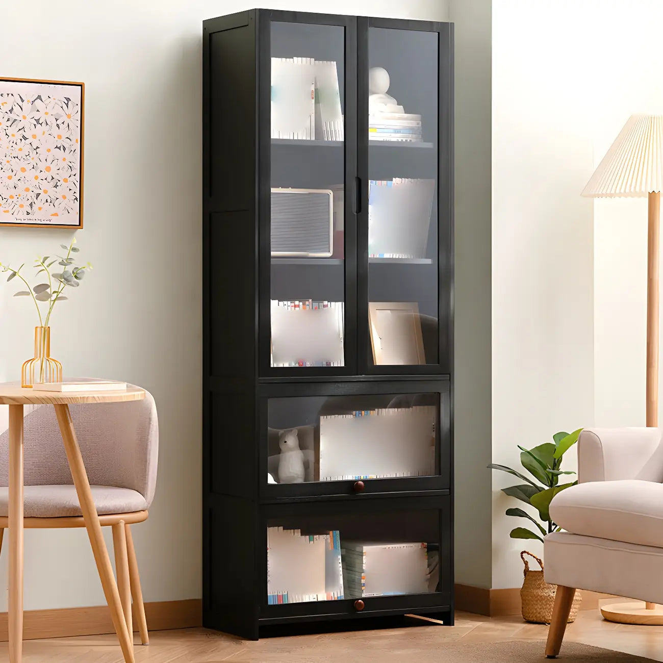 Bibliothèque verticale moderne en bambou noir avec portes en acrylique