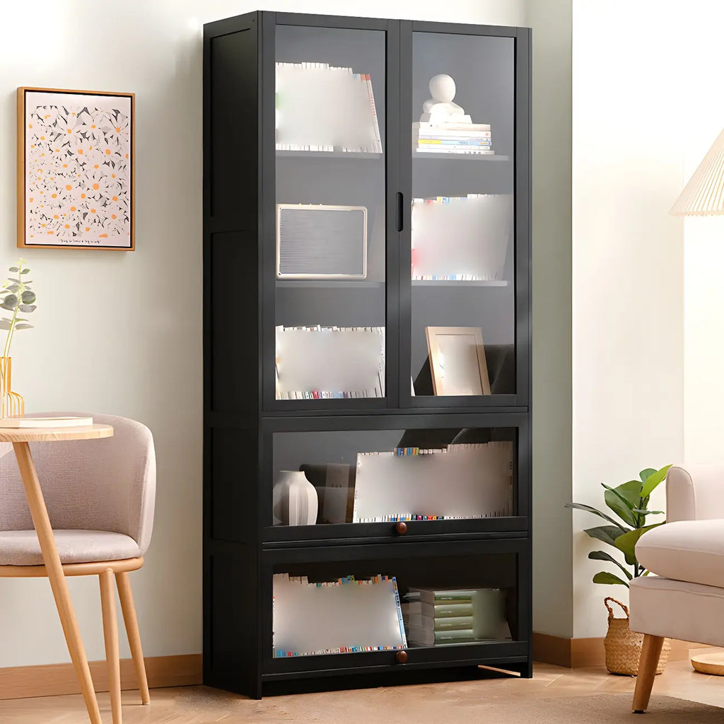 Bibliothèque verticale moderne en bambou noir avec portes en acrylique