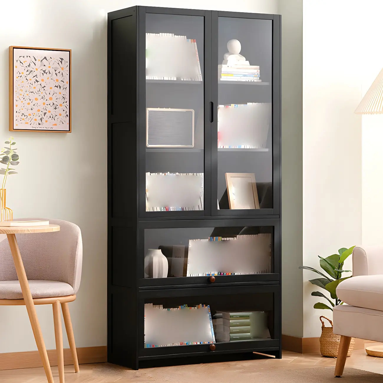 Bibliothèque verticale moderne en bambou noir avec portes en acrylique