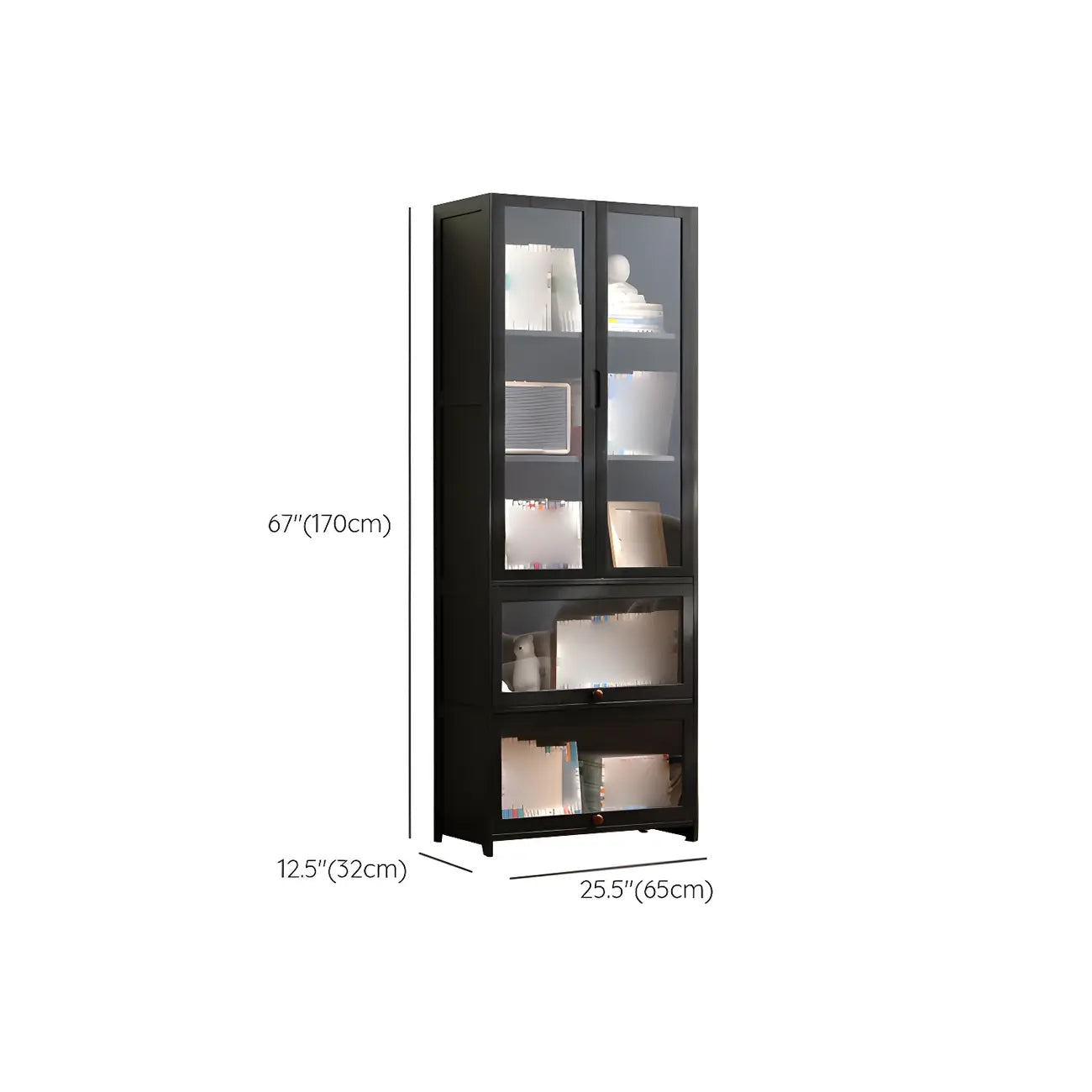 Bibliothèque verticale moderne en bambou noir avec portes en acrylique
