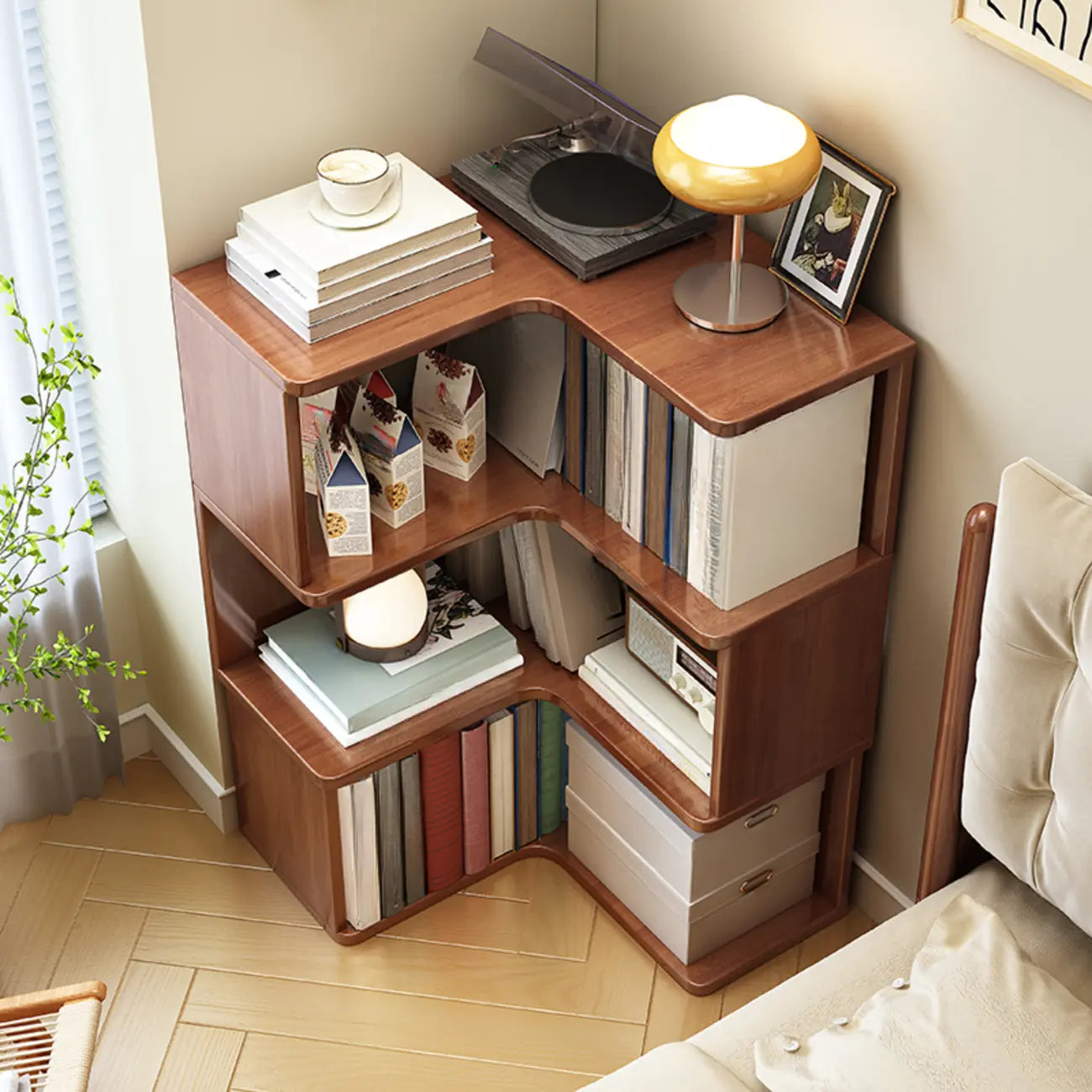 Bibliothèque d'angle verticale minimaliste en bois brun