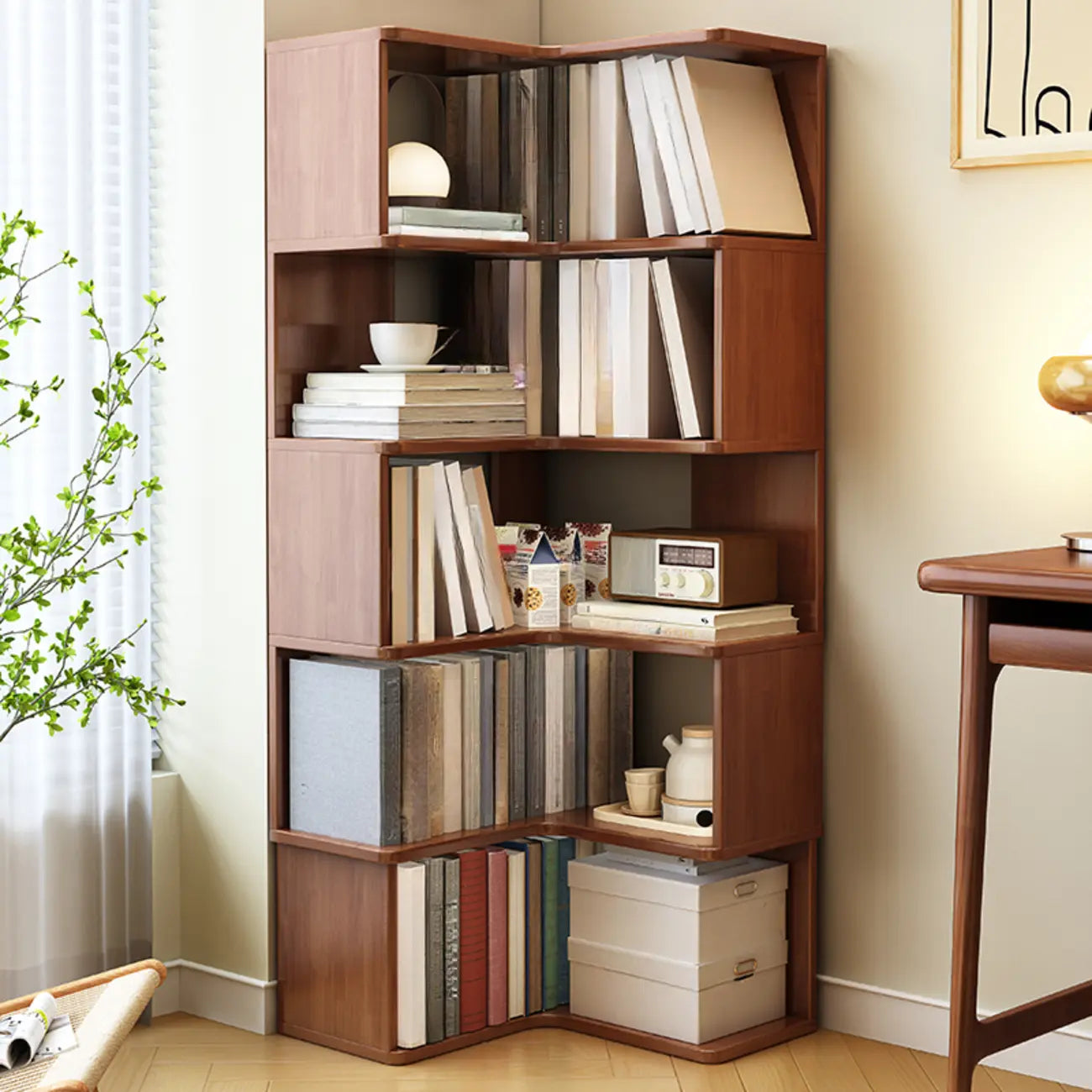 Bibliothèque d'angle verticale minimaliste en bois brun