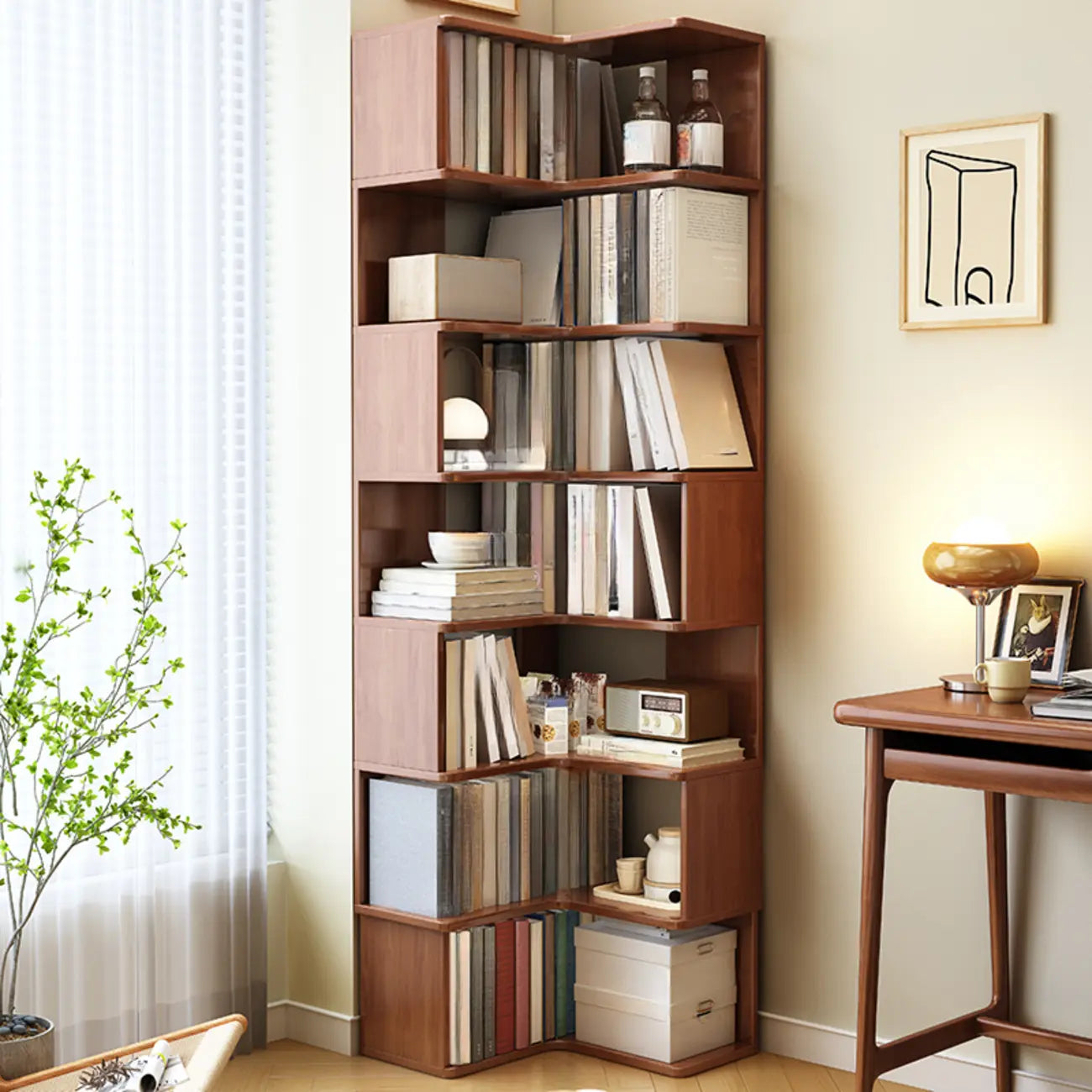 Bibliothèque d'angle verticale minimaliste en bois brun