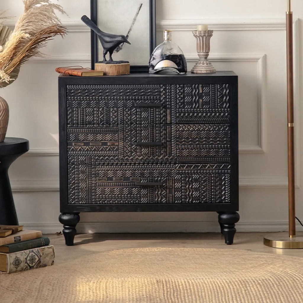 Buffet en bois noir à motif artistique, 3 étagères