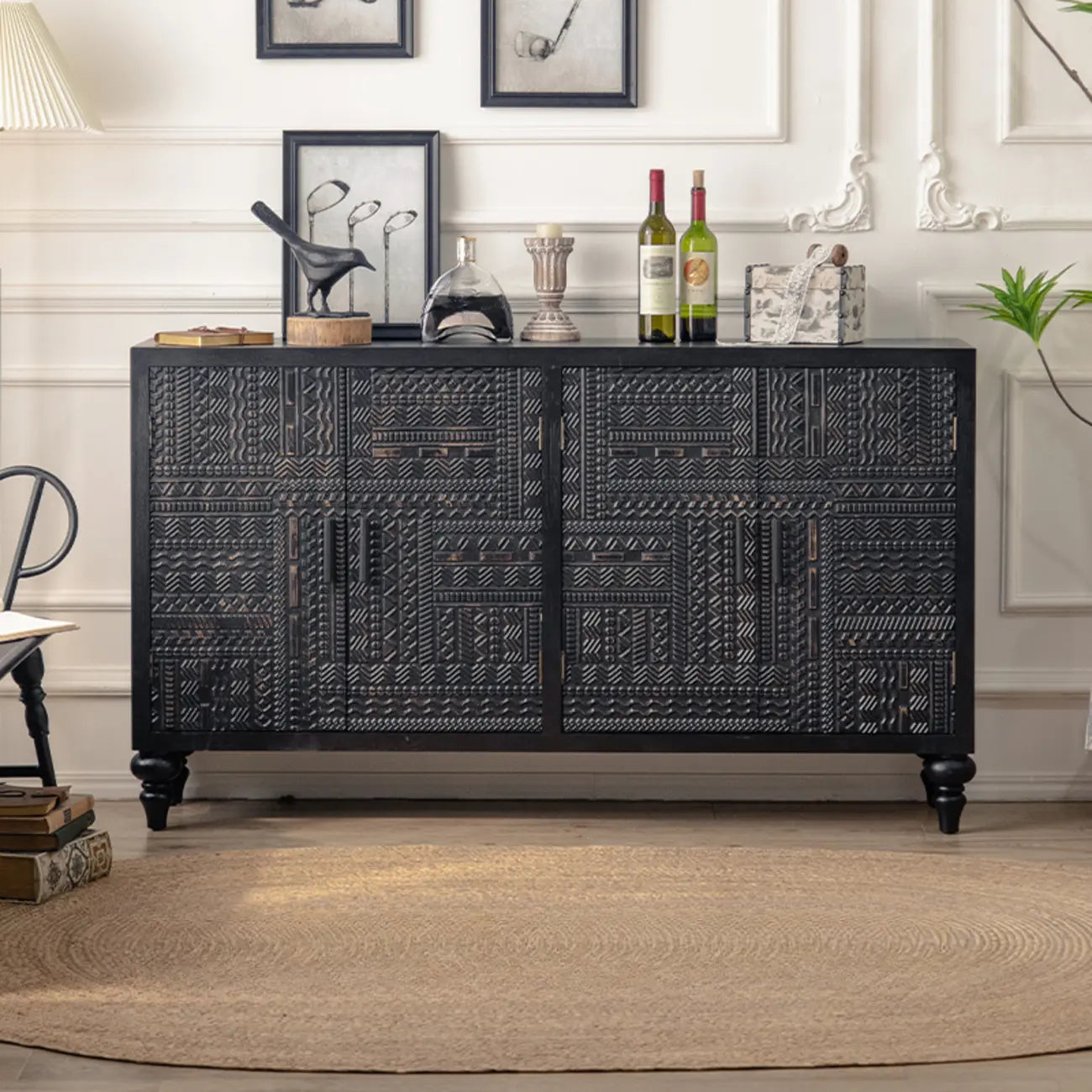 Buffet en bois noir à motif artistique, 3 étagères