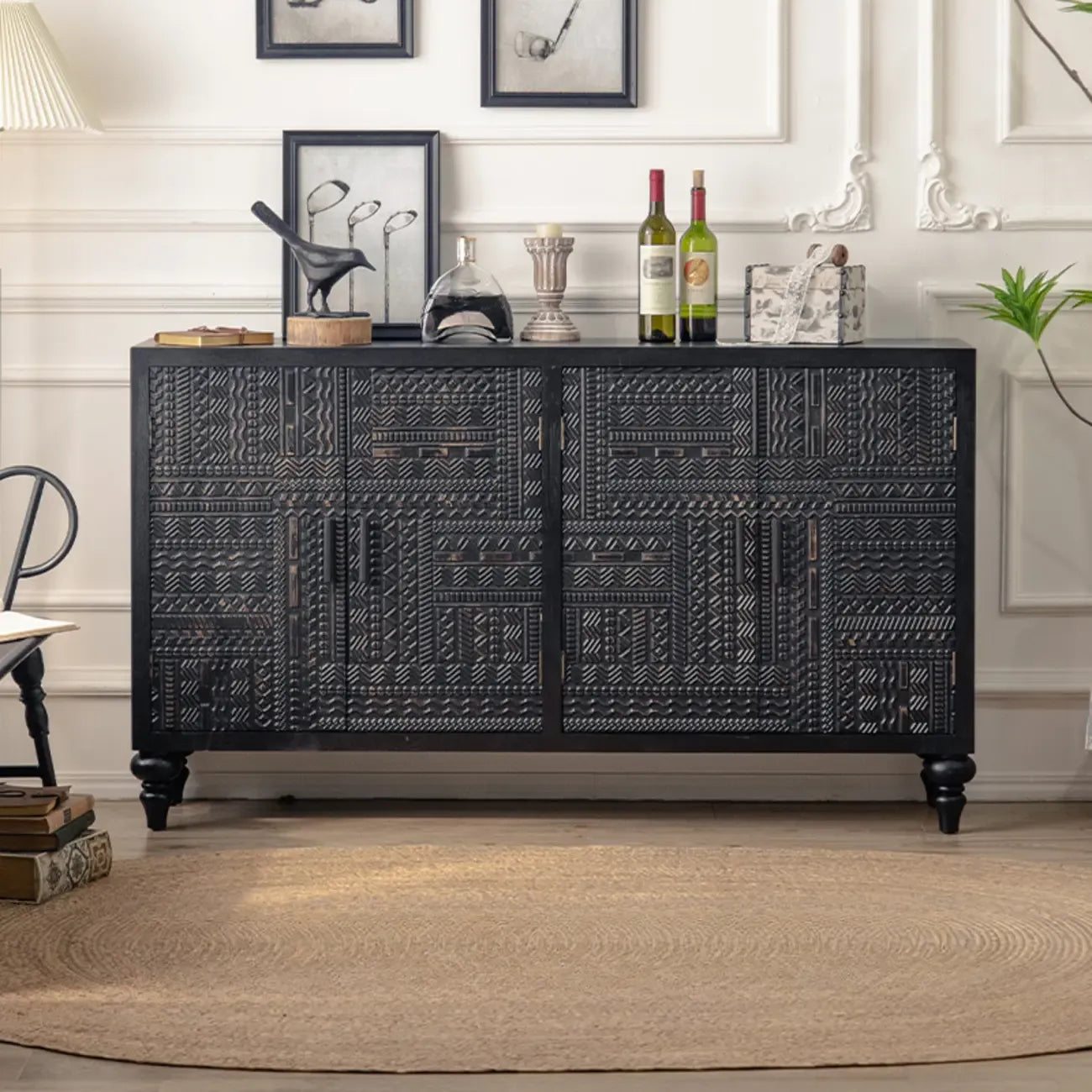 Buffet en bois noir à motif artistique, 3 étagères