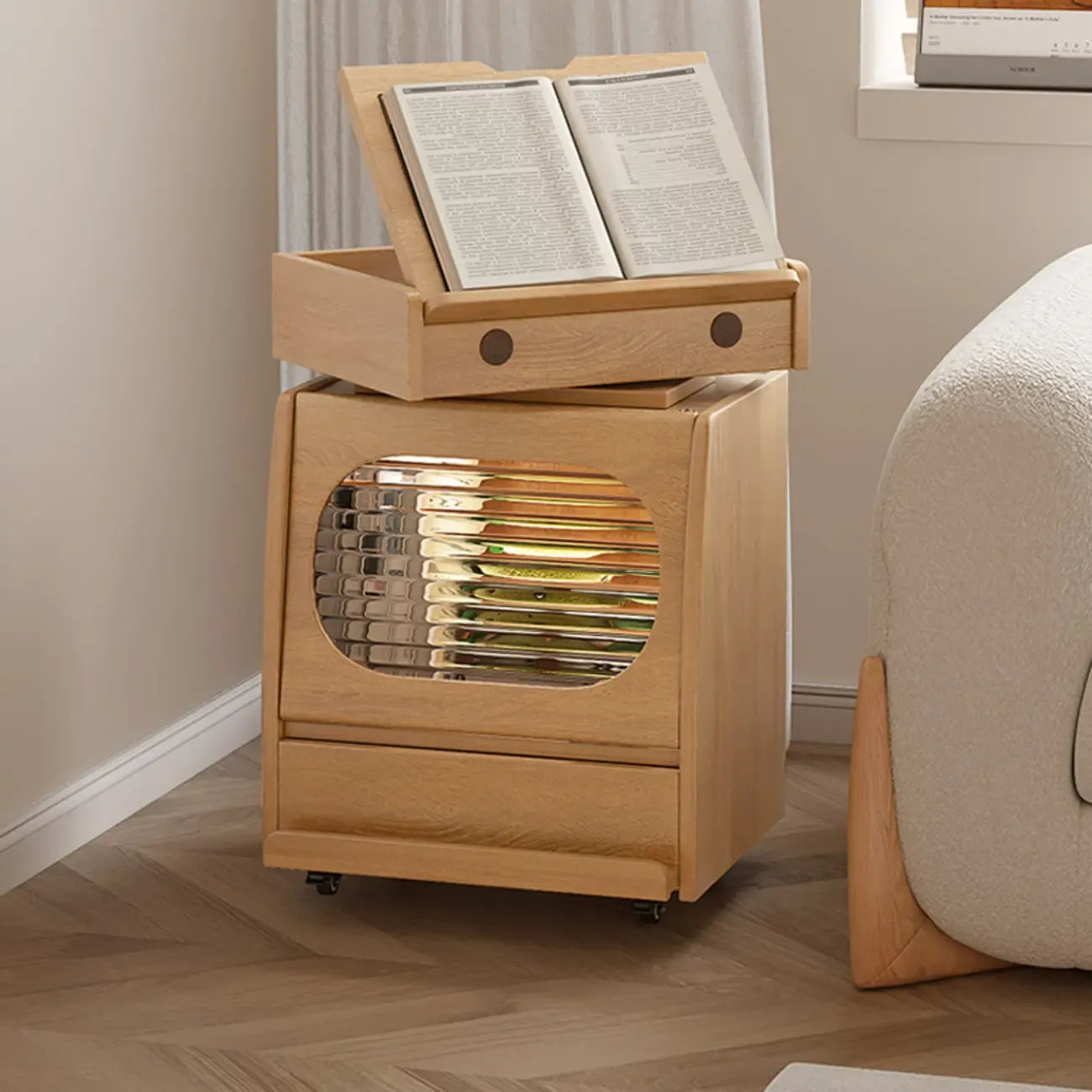 Table d'appoint mobile en bois naturel avec plateau rabattable et tiroirs de rangement