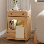 Table d'appoint mobile en bois naturel avec plateau rabattable et tiroirs de rangement