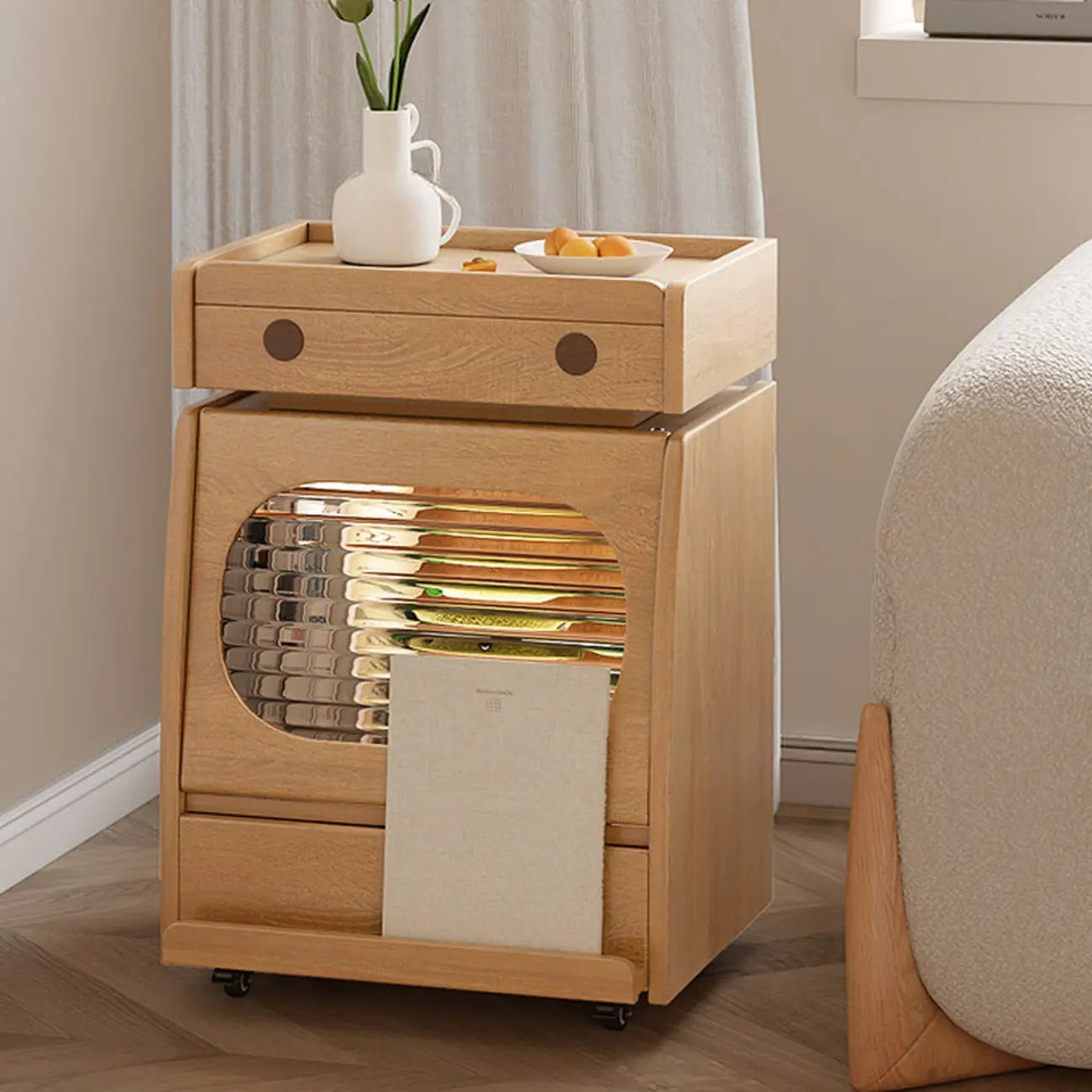 Table d'appoint mobile en bois naturel avec plateau rabattable et tiroirs de rangement