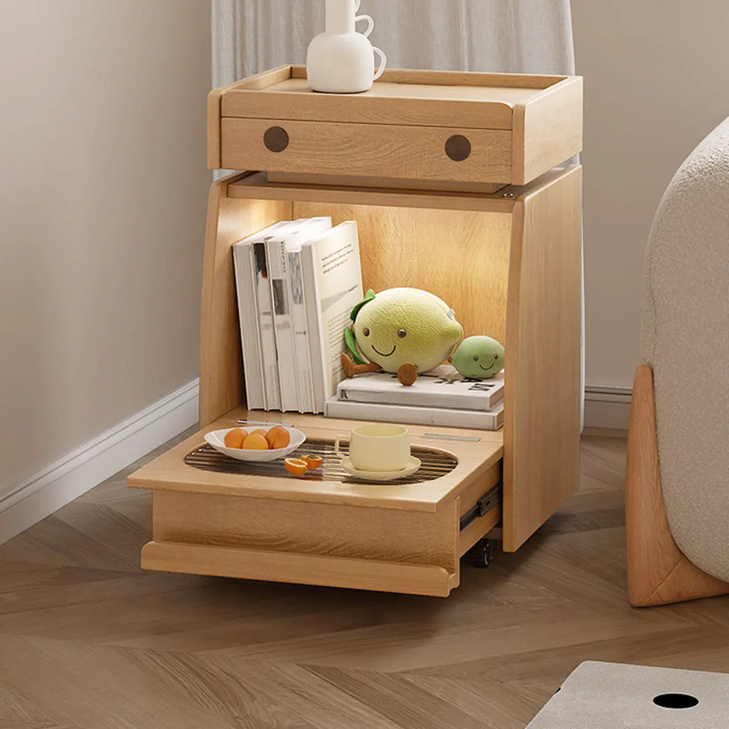 Table d'appoint mobile en bois naturel avec plateau rabattable et tiroirs de rangement