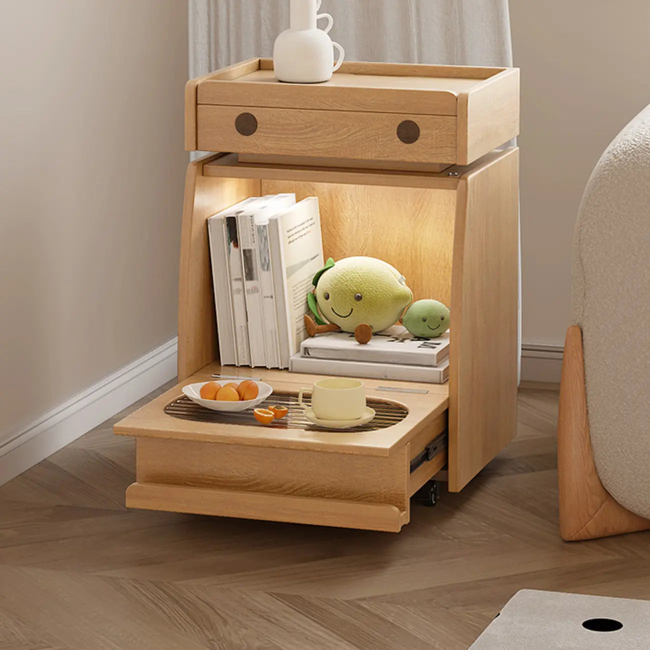 Table d'appoint mobile en bois naturel avec plateau rabattable et tiroirs de rangement