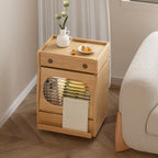 Table d'appoint mobile en bois naturel avec plateau rabattable et tiroirs de rangement