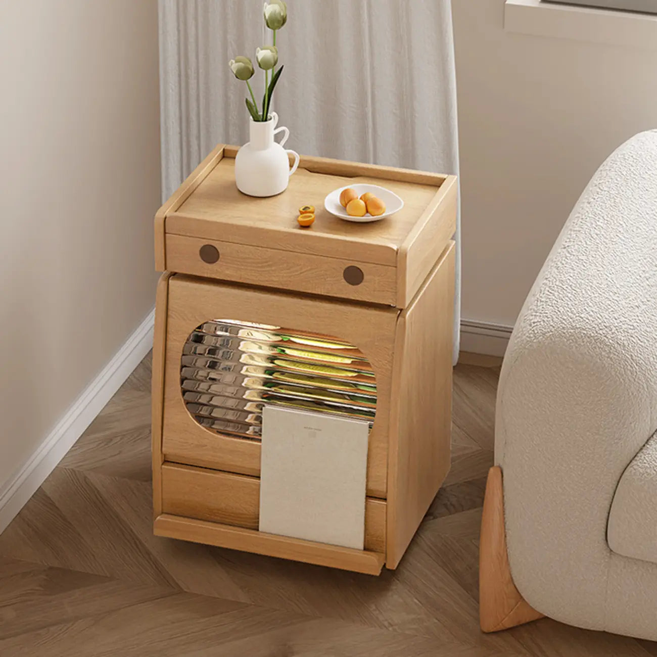 Table d'appoint mobile en bois naturel avec plateau rabattable et tiroirs de rangement