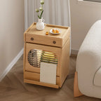 Table d'appoint mobile en bois naturel avec plateau rabattable et tiroirs de rangement