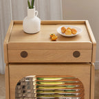 Table d'appoint mobile en bois naturel avec plateau rabattable et tiroirs de rangement