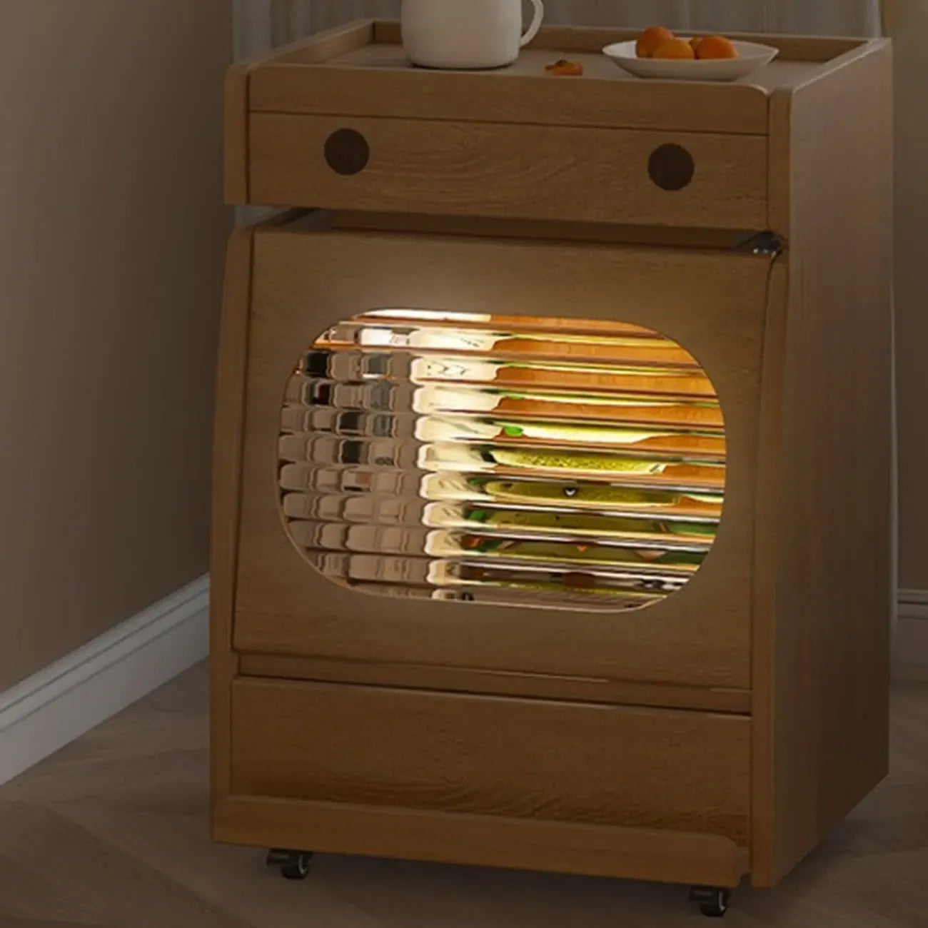 Table d'appoint mobile en bois naturel avec plateau rabattable et tiroirs de rangement