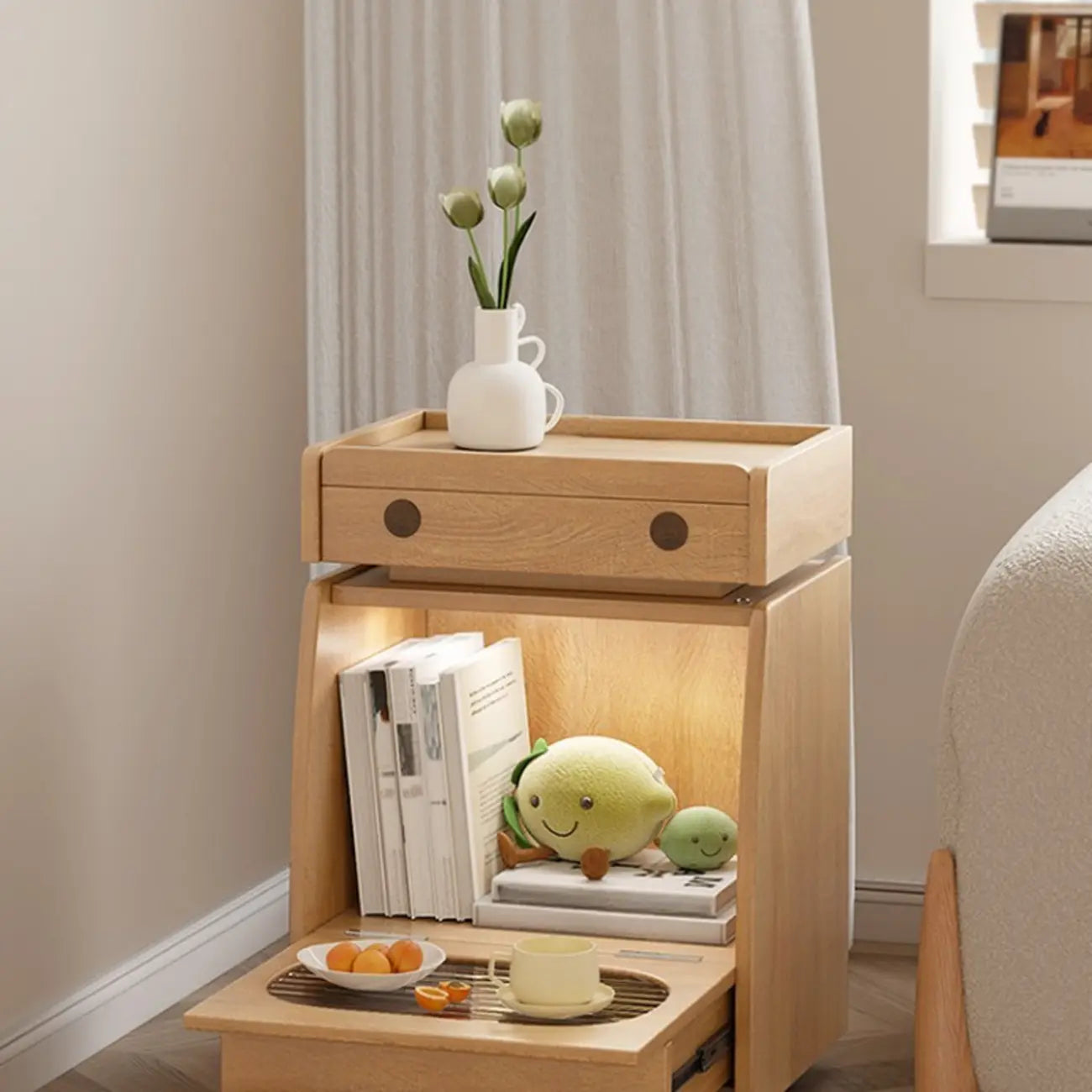 Table d'appoint mobile en bois naturel avec plateau rabattable et tiroirs de rangement