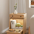 Table d'appoint mobile en bois naturel avec plateau rabattable et tiroirs de rangement