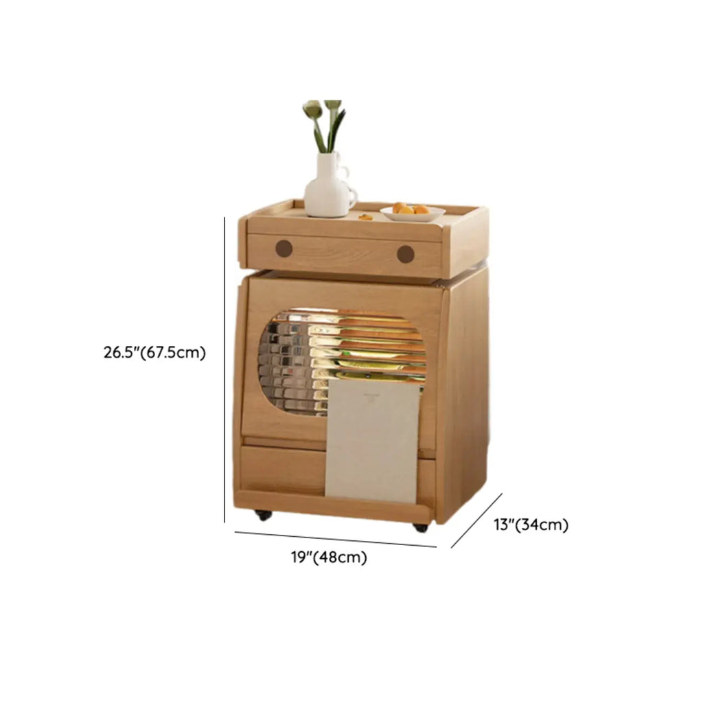 Table d'appoint mobile en bois naturel avec plateau rabattable et tiroirs de rangement