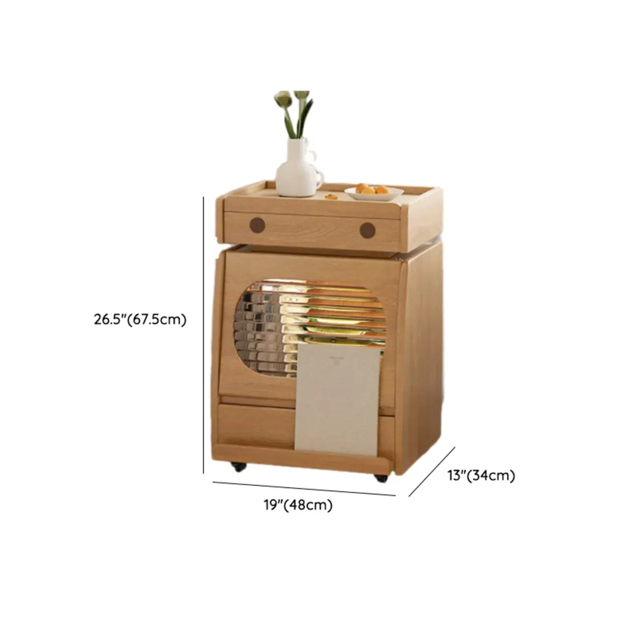 Table d'appoint mobile en bois naturel avec plateau rabattable et tiroirs de rangement
