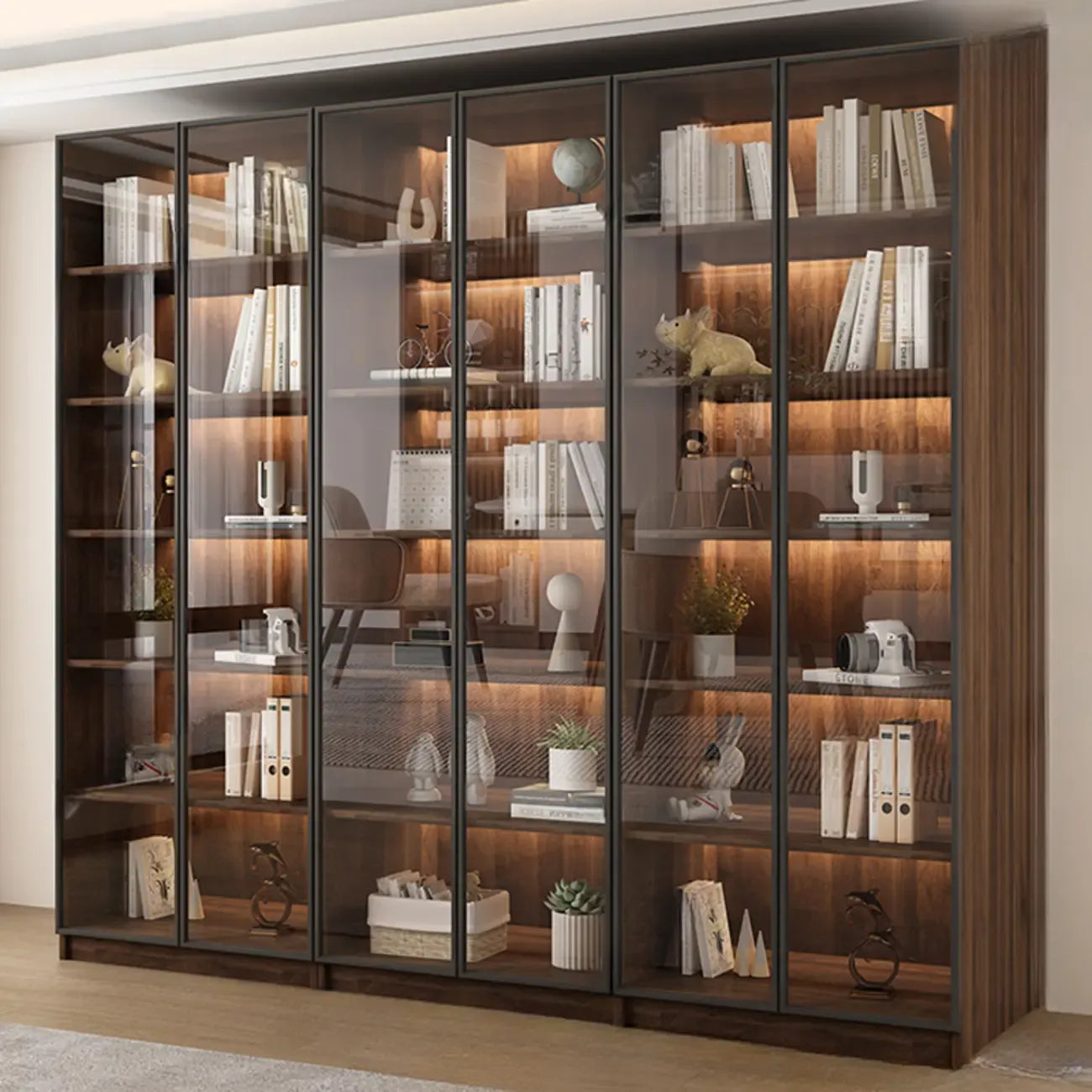 Grande bibliothèque moderne en bois de cacao brun avec portes vitrées