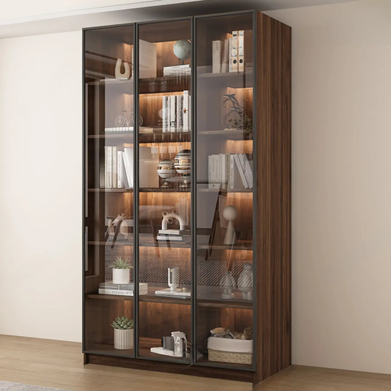 Grande bibliothèque moderne en bois de cacao brun avec portes vitrées