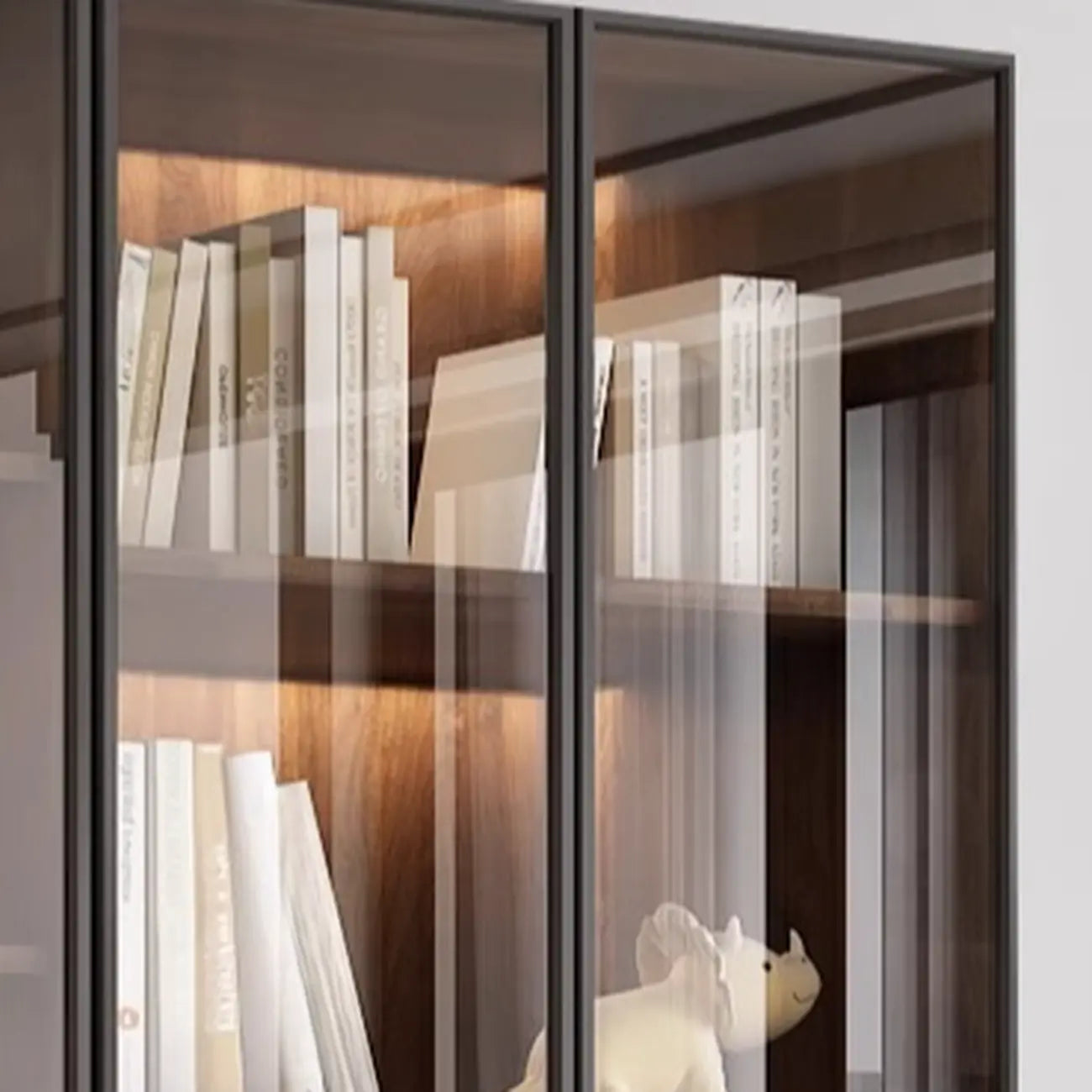 Grande bibliothèque moderne en bois de cacao brun avec portes vitrées