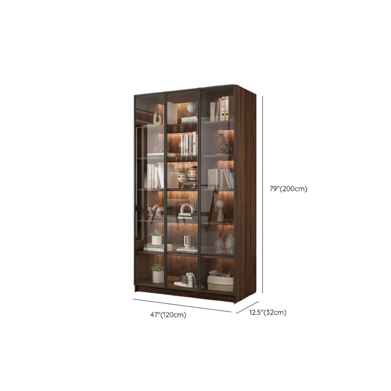 Grande bibliothèque moderne en bois de cacao brun avec portes vitrées