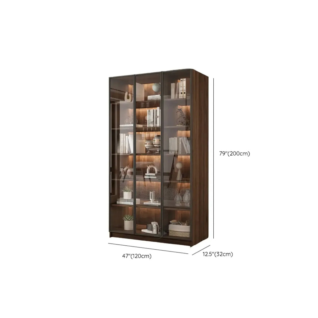Grande bibliothèque moderne en bois de cacao brun avec portes vitrées