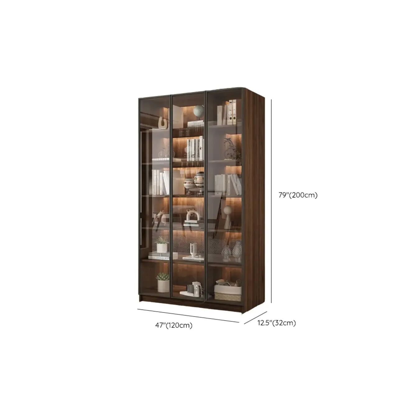 Grande bibliothèque moderne en bois de cacao brun avec portes vitrées