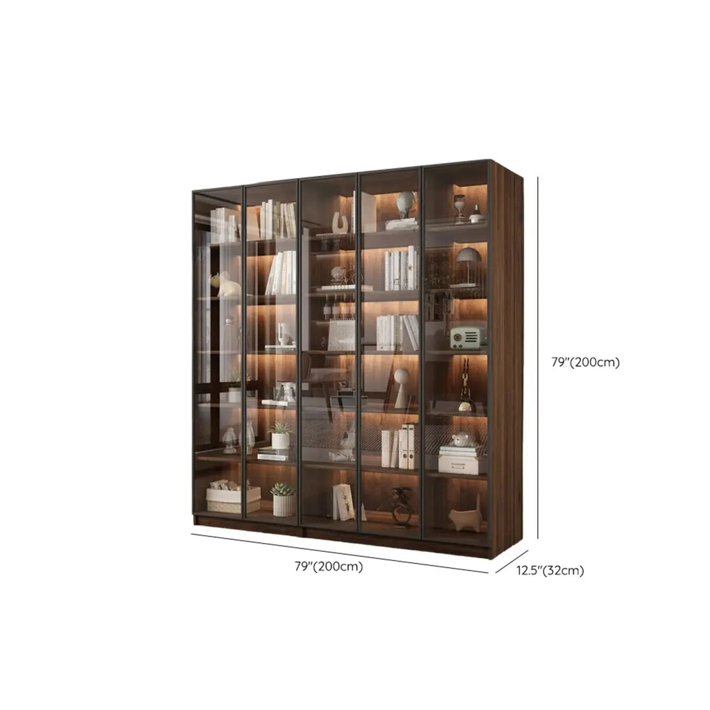 Grande bibliothèque moderne en bois de cacao brun avec portes vitrées