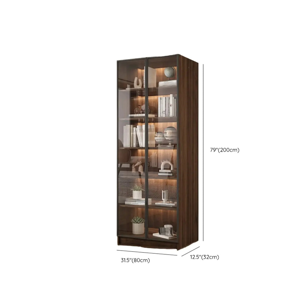 Grande bibliothèque moderne en bois de cacao brun avec portes vitrées