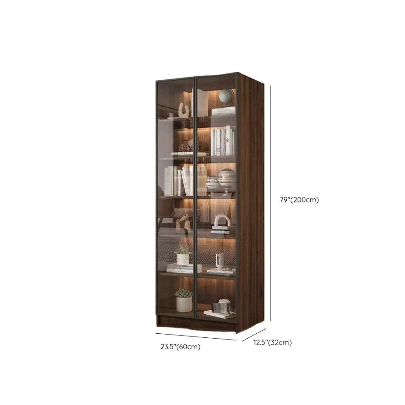 Grande bibliothèque moderne en bois de cacao brun avec portes vitrées