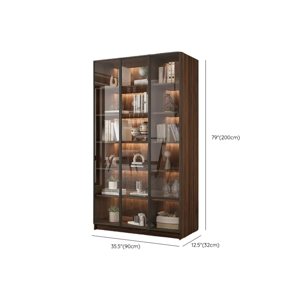 Grande bibliothèque moderne en bois de cacao brun avec portes vitrées