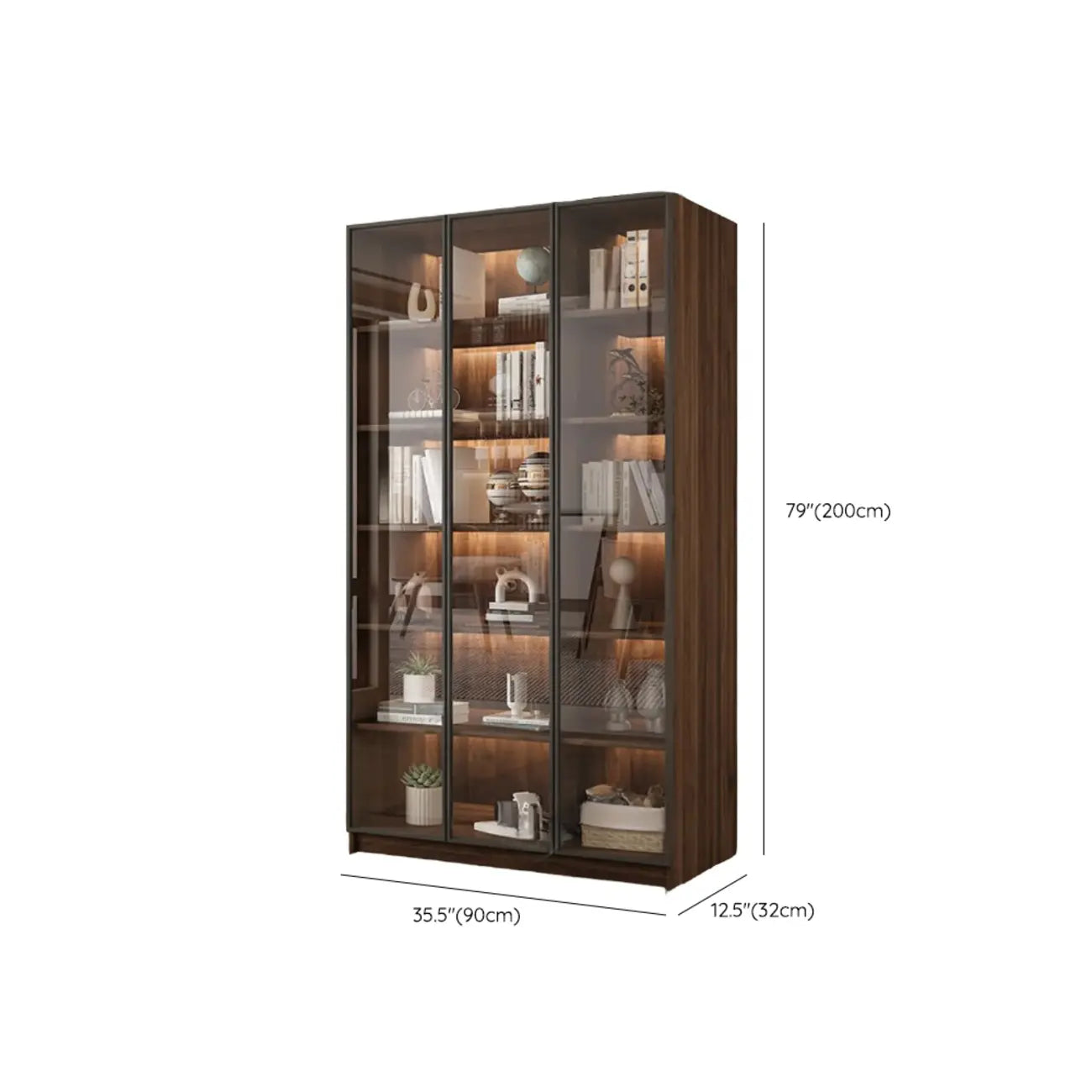 Grande bibliothèque moderne en bois de cacao brun avec portes vitrées