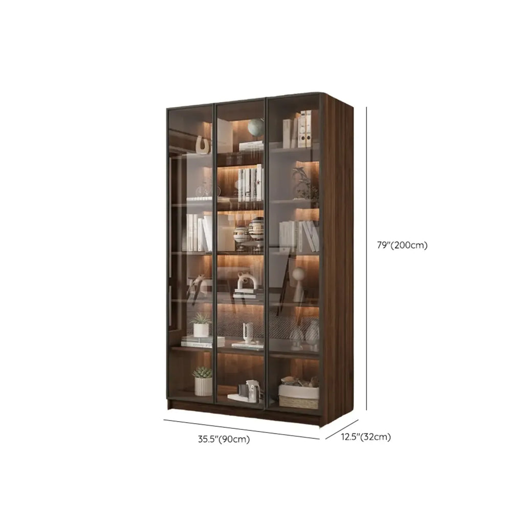 Grande bibliothèque moderne en bois de cacao brun avec portes vitrées