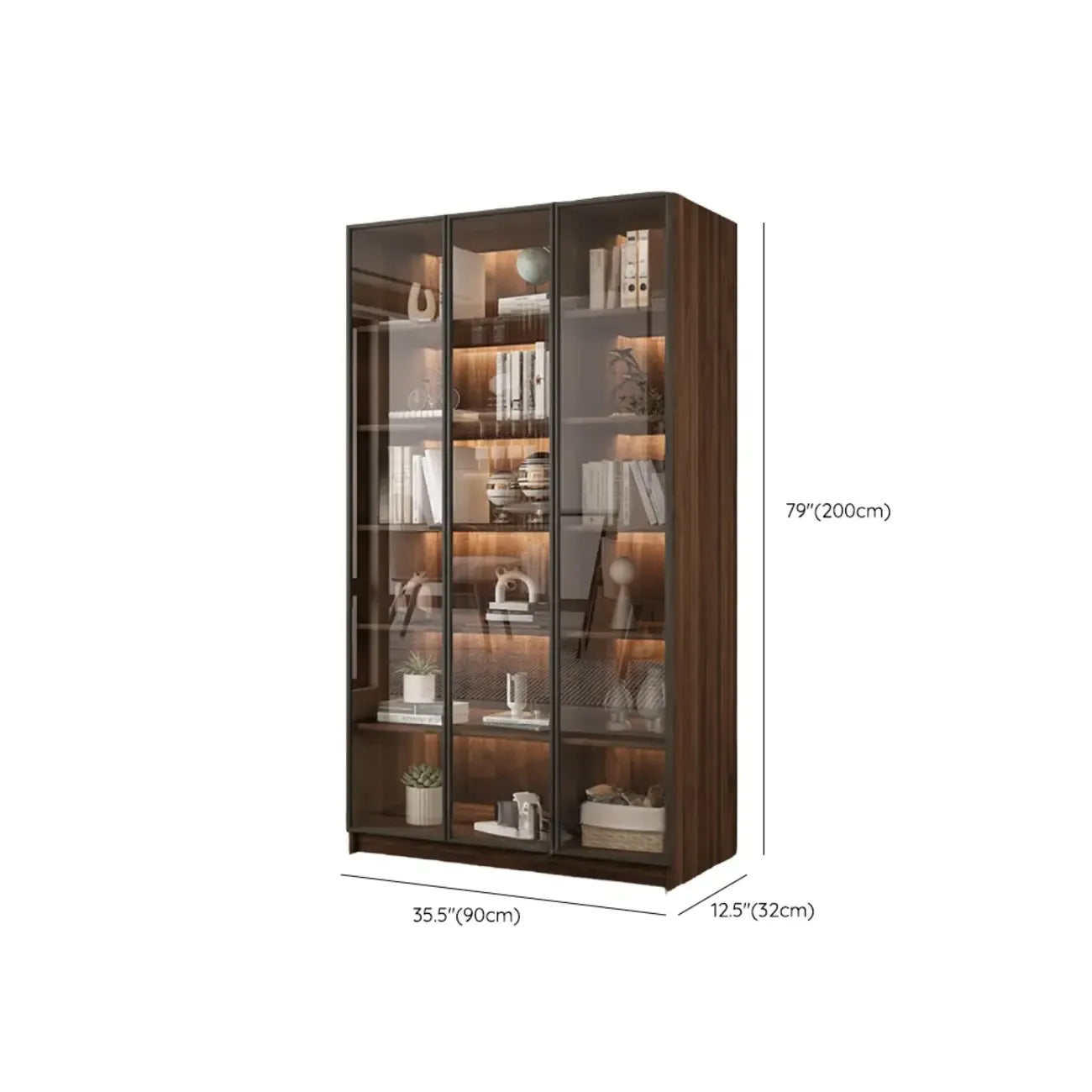 Grande bibliothèque moderne en bois de cacao brun avec portes vitrées