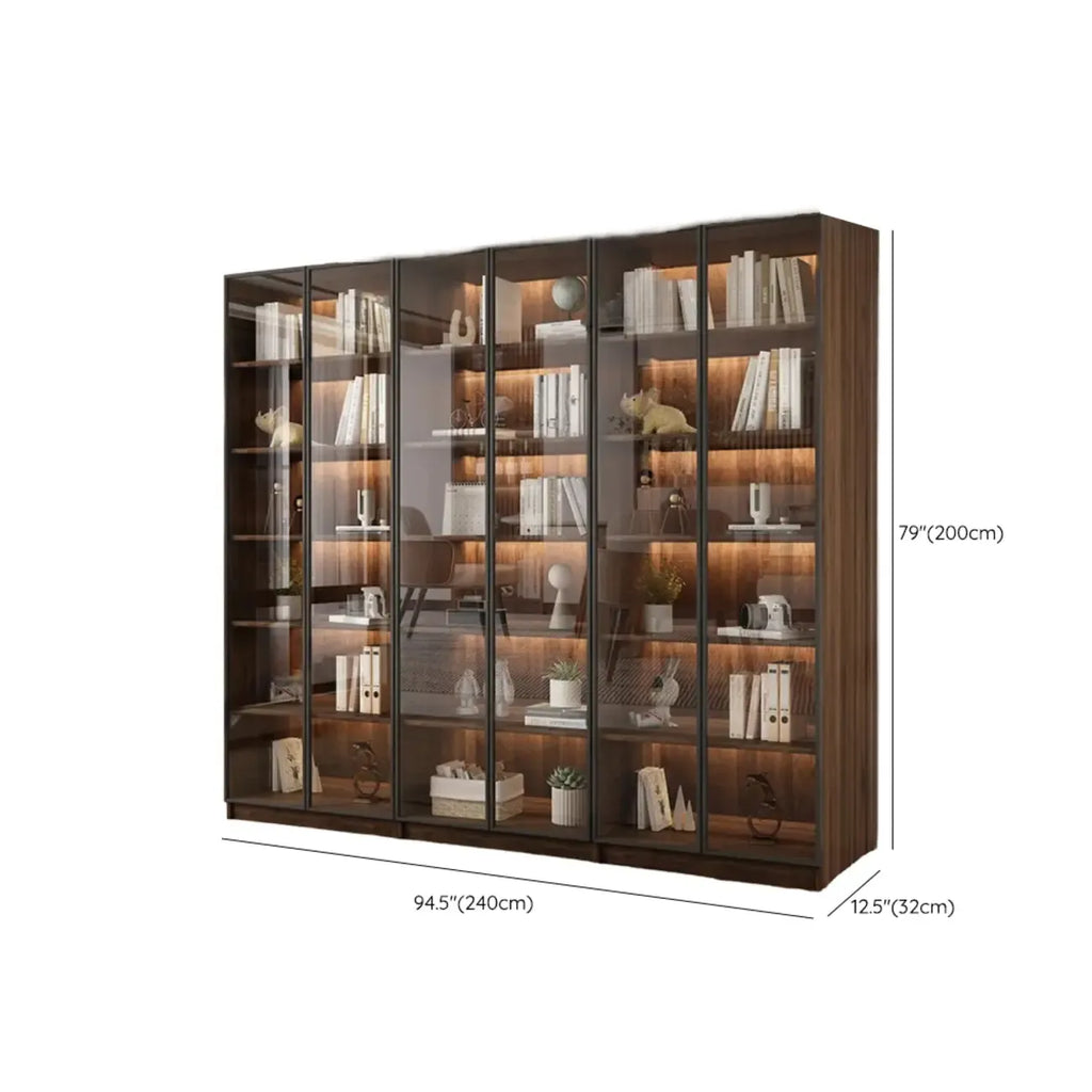 Grande bibliothèque moderne en bois de cacao brun avec portes vitrées