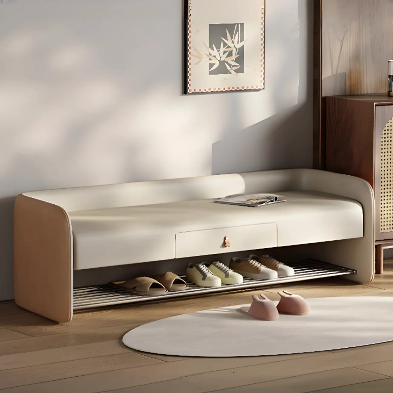 Banc de rangement rembourré en pin avec dossier pour salon