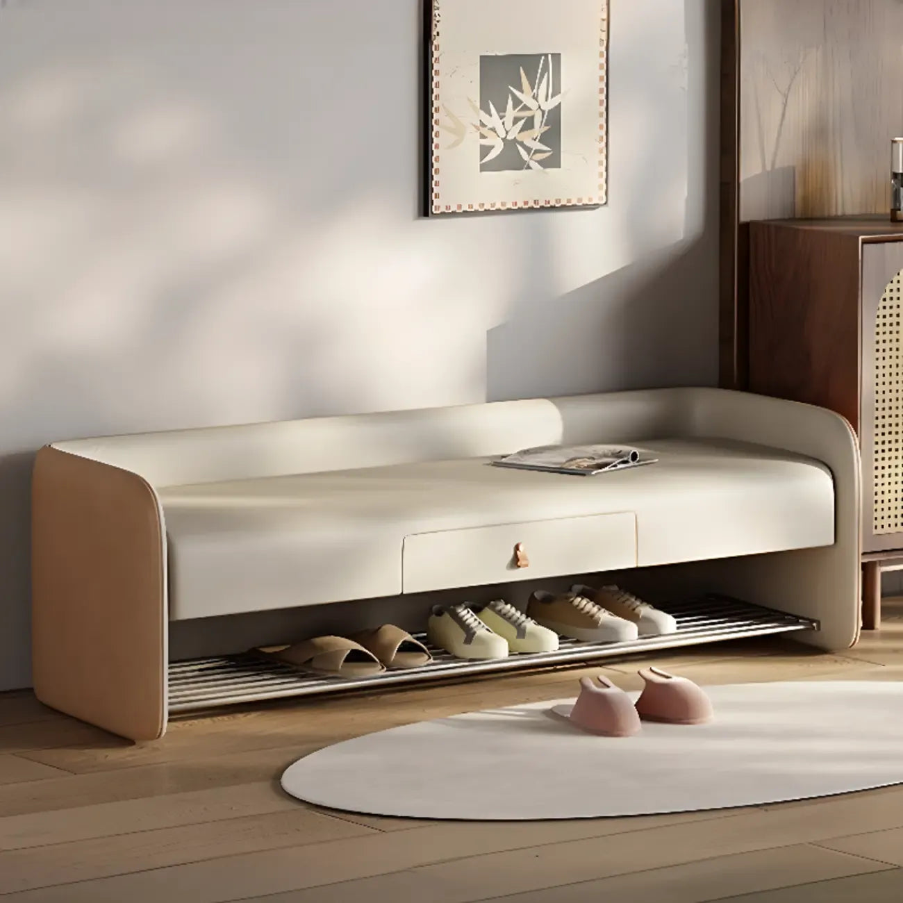 Banc de rangement rembourré en pin avec dossier pour salon