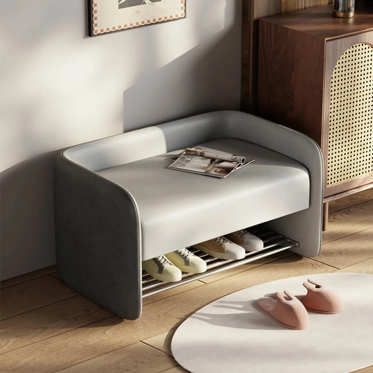 Banc de rangement rembourré en pin avec dossier pour salon
