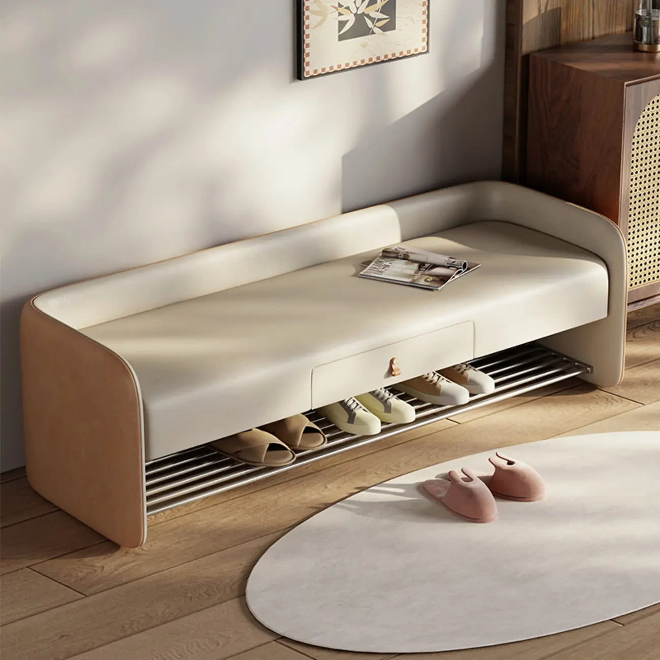 Banc de rangement rembourré en pin avec dossier pour salon