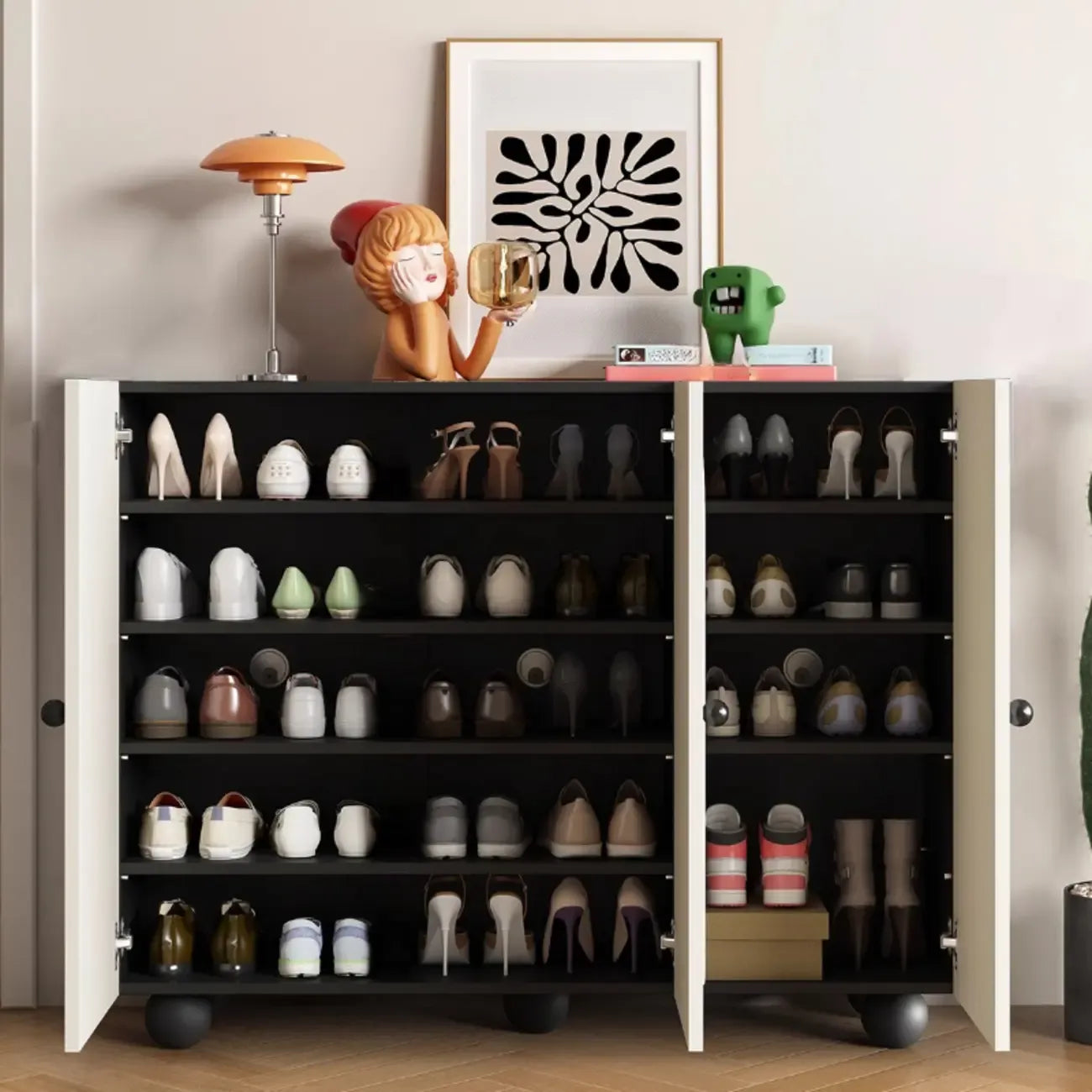 Meuble à chaussures chic en bois avec étagères réglables, blanc/noir