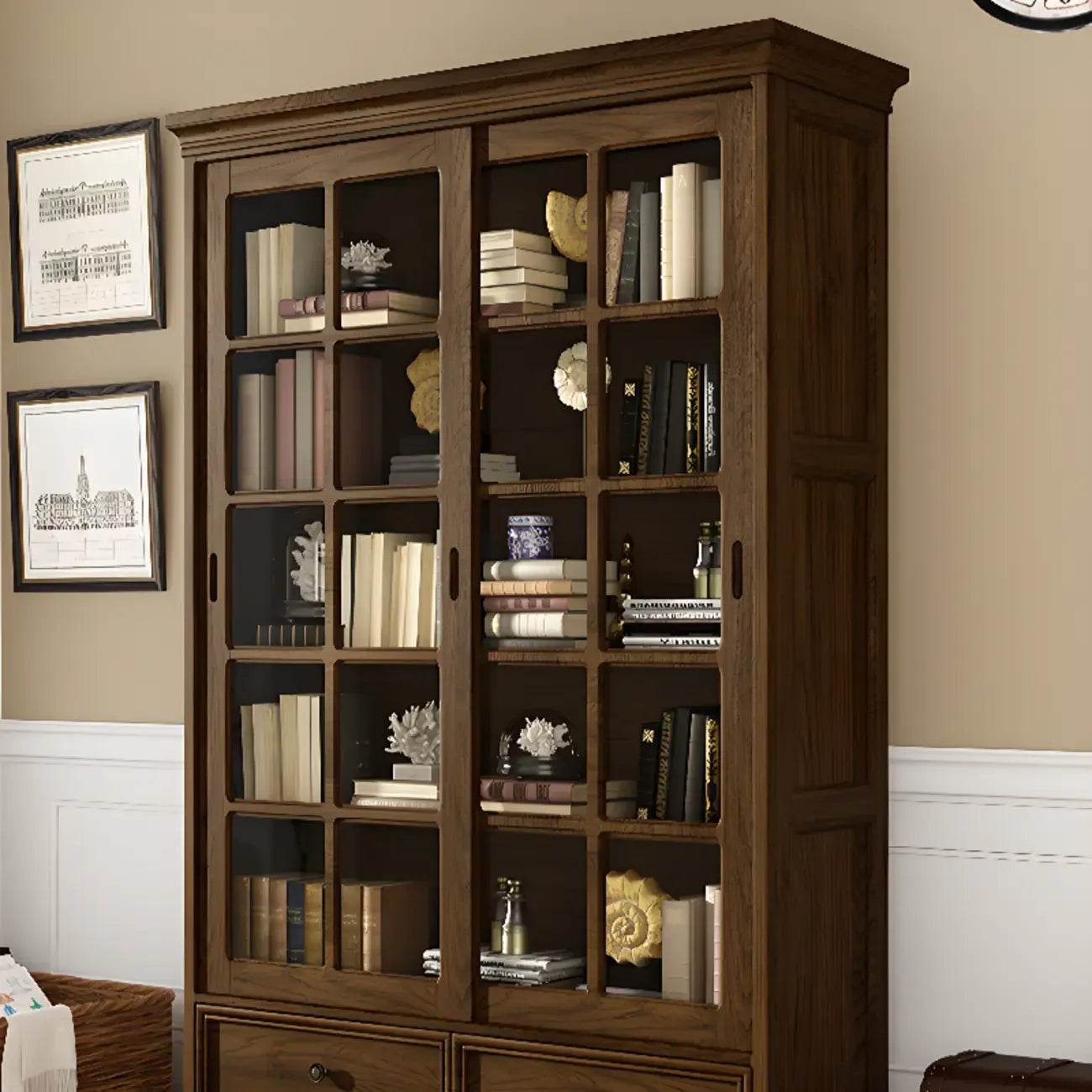Grande vitrine de rangement en bois blanc avec porte coulissante