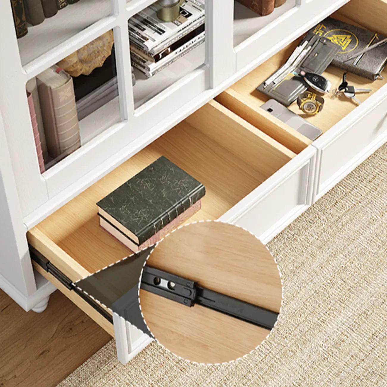 Grande vitrine de rangement en bois blanc avec porte coulissante