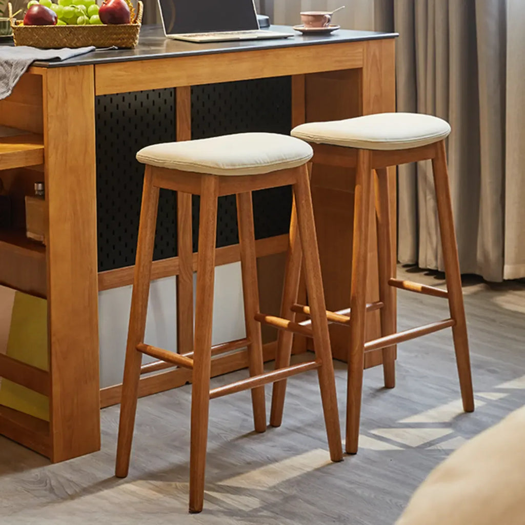 Tabourets de bar en bois avec assise en cuir marron et dossier sans dossier
