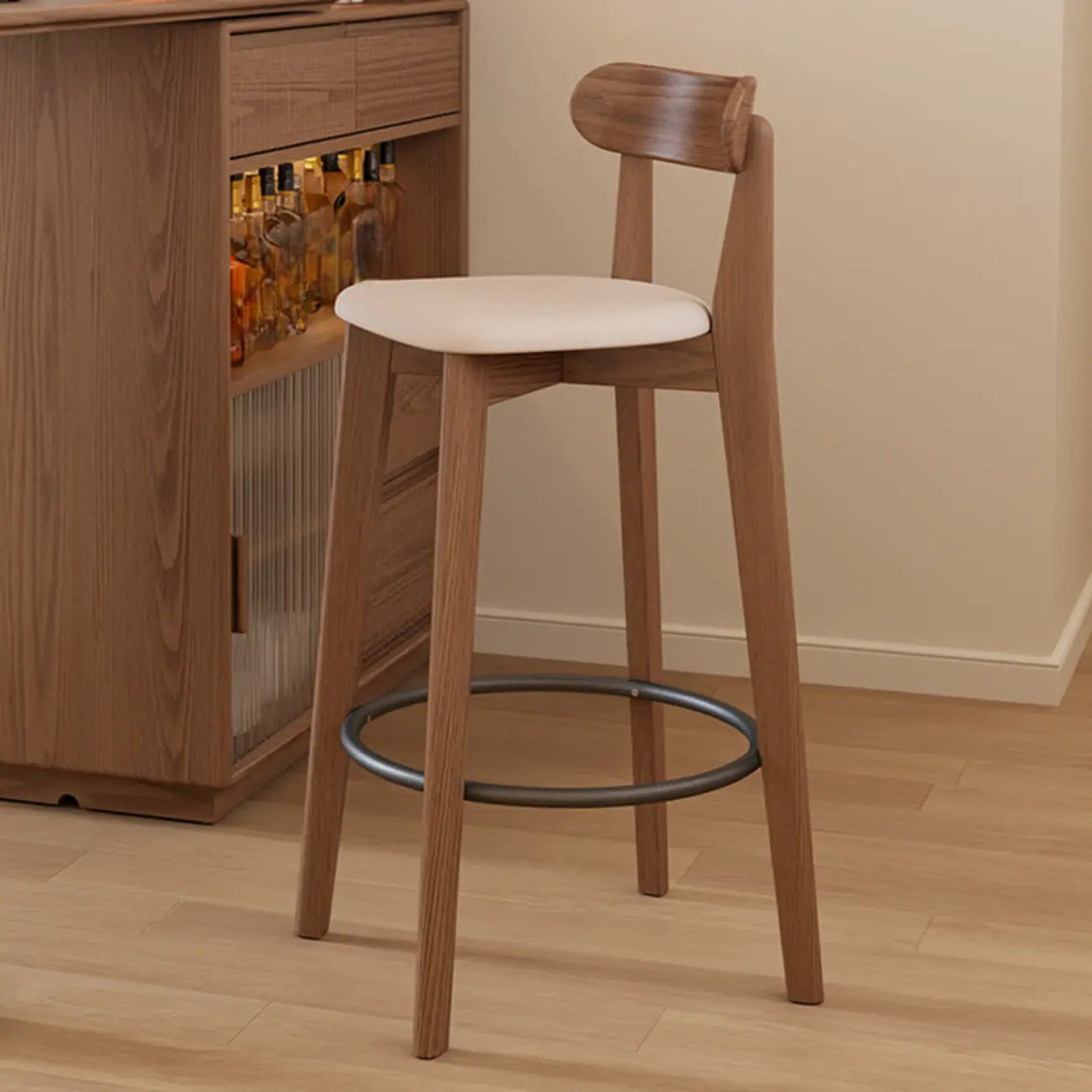 Tabouret de bar carré confortable en bois brun avec dossier